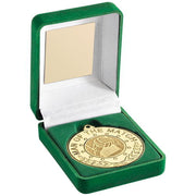 GREEN VELVET BOX AND 50mm M.O.T.M MEDAL WITH GAELIC INSERT - 3.5""