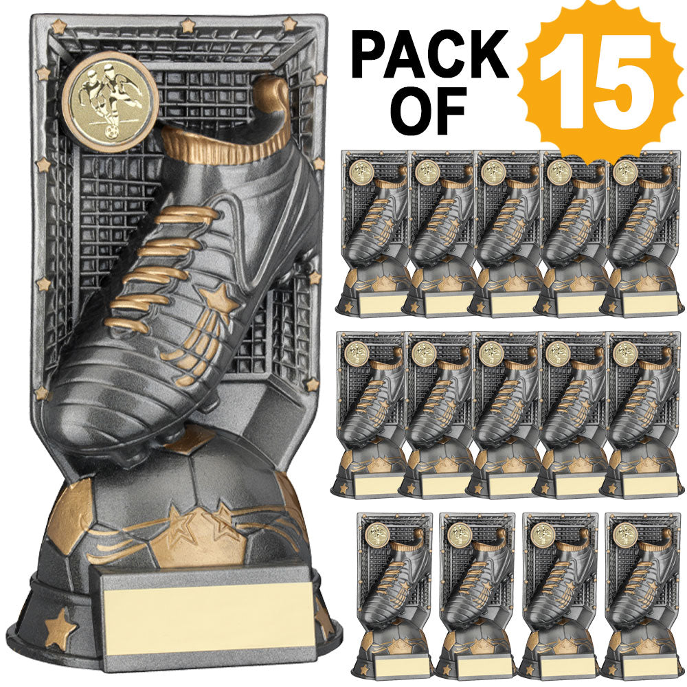 PACK OF 15 GREY/GOLD FILLED PLASTIC FOOTBALL TROPHY + PLATES (1in CEN) - 6.5in