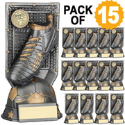 PACK OF 15 GREY/GOLD FILLED PLASTIC FOOTBALL TROPHY + PLATES (1in CEN) - 6.5in
