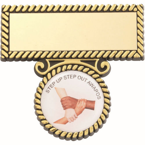 BLACK/GOLD PLASTIC BADGE AND BAR (1in CENTRE) - 2in