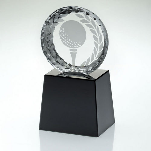 Clear Glass Golf Circle With Image On Black Plinth - 108mm by Legacy Outfitters
