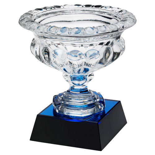 CLEAR GLASS BOWL ON BLUE/BLACK BASE (APPROX 7" DIA) - 8.25in"