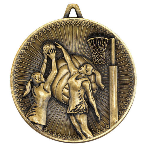 Netball Deluxe Medal - 60mm - Antique Gold by Legacy Outfitters