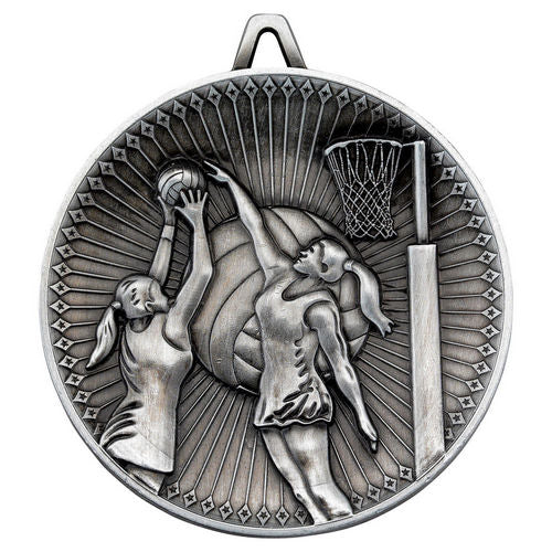 Netball Deluxe Medal - 60mm - Antique Silver by Legacy Outfitters
