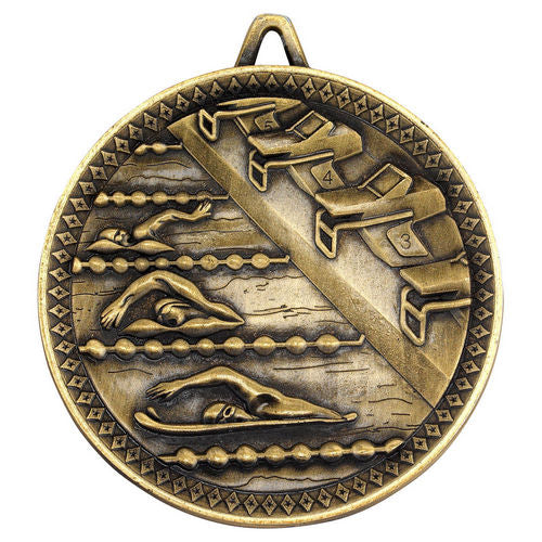 Swimming Deluxe Medal - 60mm - Antique Gold by Legacy Outfitters