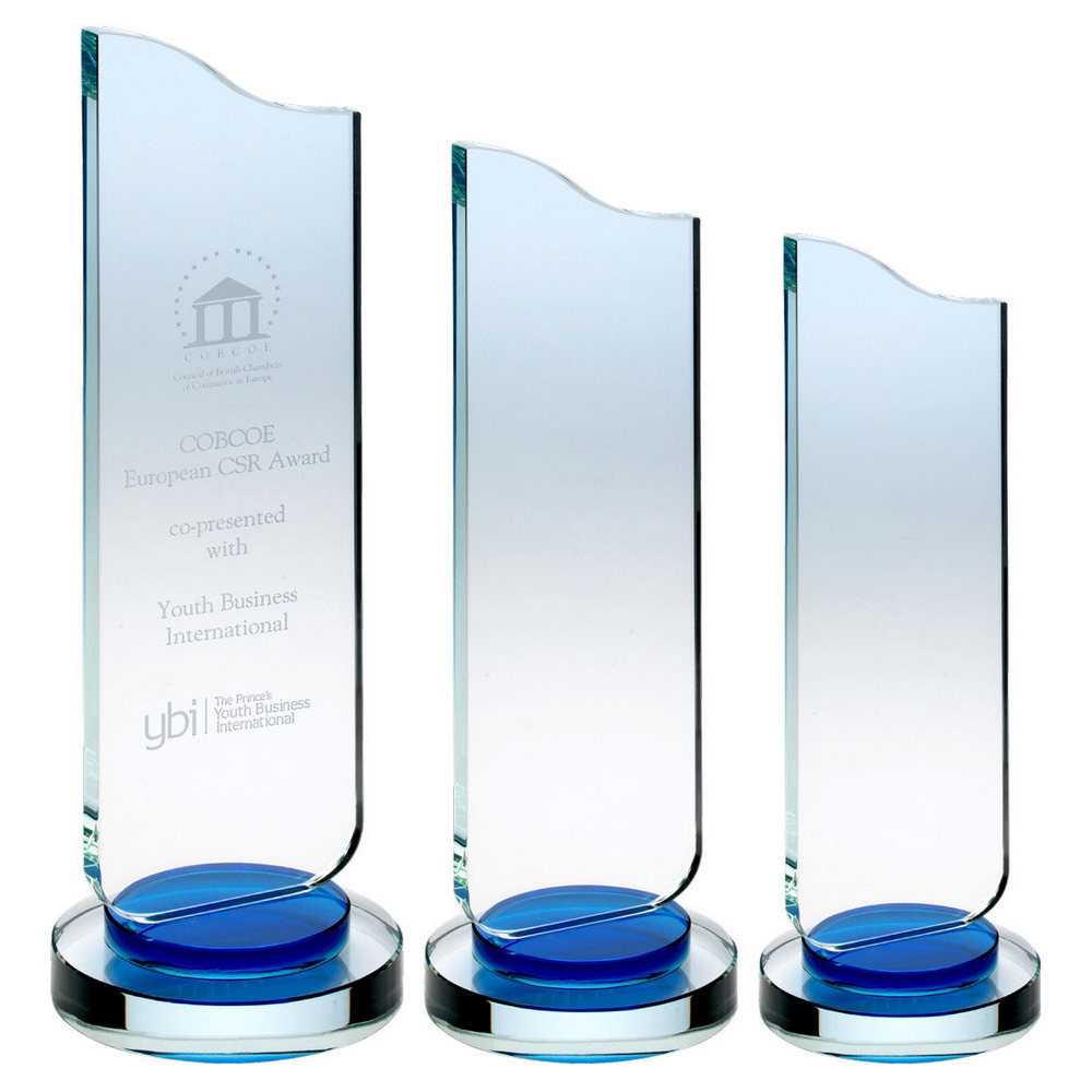 Clear Glass Plaque With Blue Collar On Round Base by Legacy Outfitters