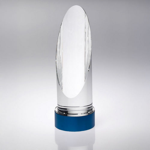 Clear Glass Round Column On Blue Metal Base (70mm Diameter) - 216mm by Legacy Outfitters