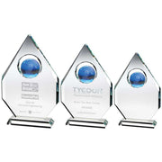 Clear Glass Diamond Plaque With Blue Globe - (15mm Thick) by Legacy Outfitters