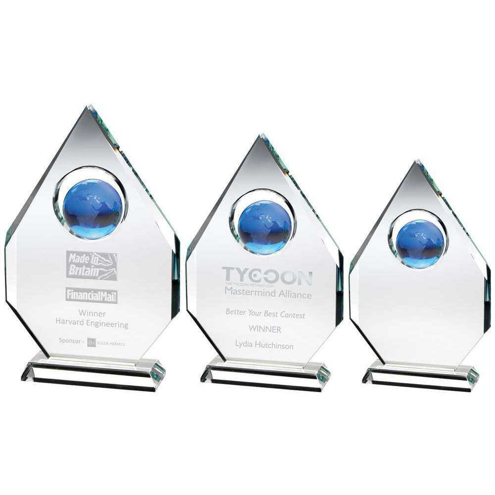 Clear Glass Diamond Plaque With Blue Globe - (15mm Thick) by Legacy Outfitters
