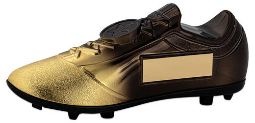FILLED PLASTIC FOOTBALLL BOOT IN GOLD/BLACK WITH PLATE (1" CEN) - 6.75 x 2.75in"