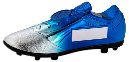 FILLED PLASTIC FOOTBALLL BOOT IN SILVER/BLUE WITH PLATE (1" CEN) - 6.75 x 2.75in"