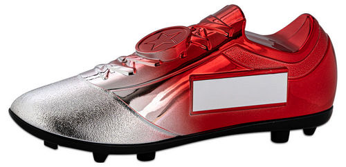 FILLED PLASTIC FOOTBALLL BOOT IN SILVER/RED WITH PLATE (1" CEN) - 6.75 x 2.75in"