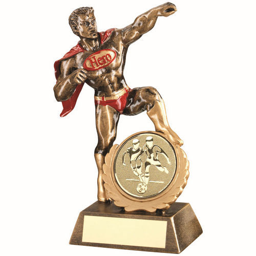 BRZ/GOLD/RED RESIN HERO AWARD WITH MALE FOOTBALL INSERT AND PLATE - 7.25in