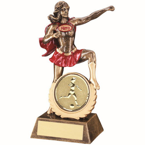 BRZ/GOLD/RED RESIN HERO AWARD WITH FEMALE FOOTBALL INSERT AND PLATE - 7.5in
