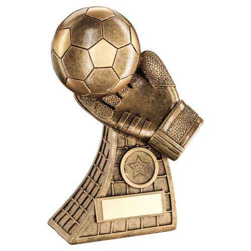 BRZ/GOLD FOOTBALL AND GOALKEEPER GLOVE ON NET BASE WITH PLATE (1in CEN) - 7.25in
