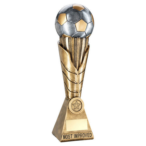BRZ/PEW/GOLD FOOTBALL ON LEAF COLUMN WITH PLATE (1in CEN) MOST IMPROVED - 12""