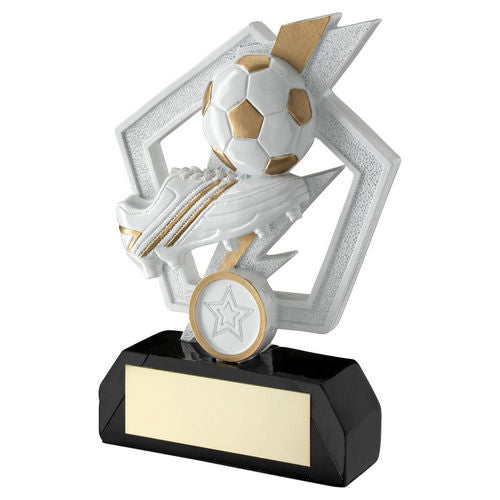 White/Gold/Blk Football And Boot On Flash Pentagon With Plate (1in Cen) - 133mm by Legacy Outfitters
