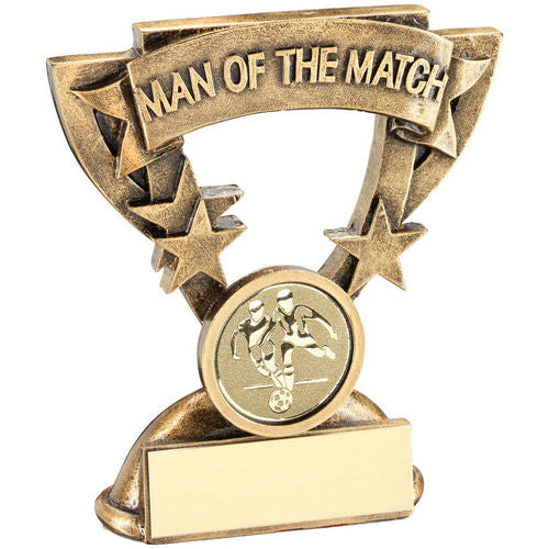 BRZ/GOLD MAN OF THE MATCH MINI CUP WITH FOOTBALL INSERT AND PLATE - 3.75in