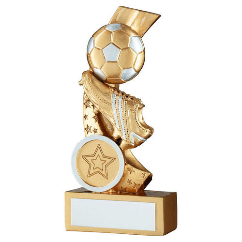 Gold/Silver Football And Boot On Multi Star Curve With Plate (1in Centre) - 127mm by Legacy Outfitters