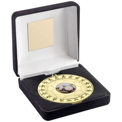 Black Velvet Box And 70mm Football Medal (1in Centre) - Gold by Legacy Outfitters
