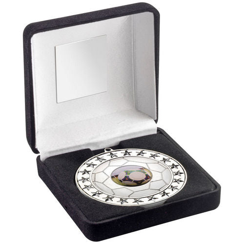 Black Velvet Box And 70mm Football Medal (1in Centre) - Silver by Legacy Outfitters