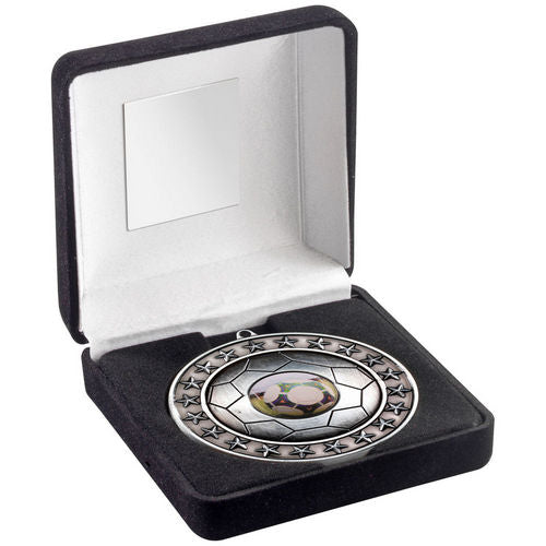 Black Velvet Box And 70mm Football Medal (1in Centre) - Antique Silver by Legacy Outfitters