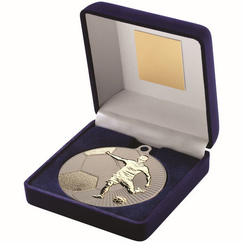 Blue Velvet Box And 70mm Football Medal - Matt Silver/Gold by Legacy Outfitters