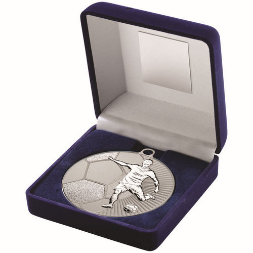 Blue Velvet Box And 70mm Football Medal - Matt Silver/Silver by Legacy Outfitters