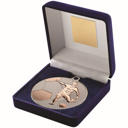 Blue Velvet Box And 70mm Football Medal - Matt Silver/Bronze by Legacy Outfitters