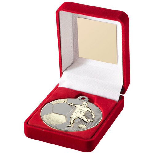 Red Velvet Box And 50mm Football Medal - Matt Silver/Gold by Legacy Outfitters