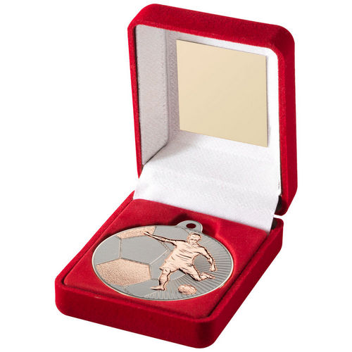 Red Velvet Box And 50mm Football Medal - Matt Silver/Bronze by Legacy Outfitters
