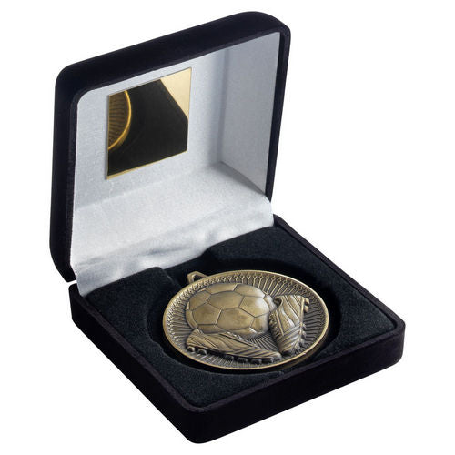 Black Velvet Box And 60mm Medal Football - Antique Gold by Legacy Outfitters