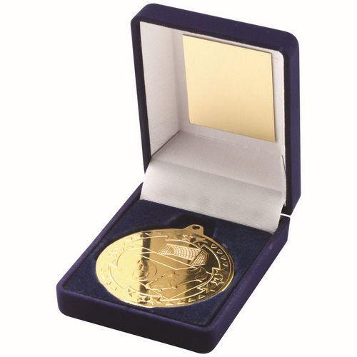 Blue Velvet Box And 50mm Medal Football - Gold by Legacy Outfitters
