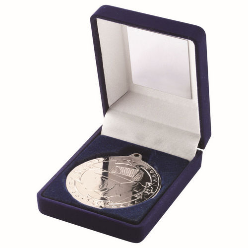 Blue Velvet Box And 50mm Medal Football - Silver by Legacy Outfitters