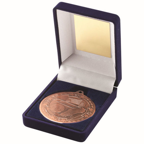 Blue Velvet Box And 50mm Medal Football - Bronze by Legacy Outfitters