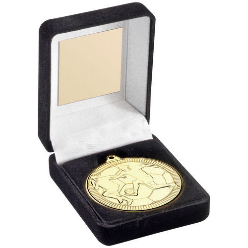 Black Velvet Box And 50mm Medal Football - Gold by Legacy Outfitters