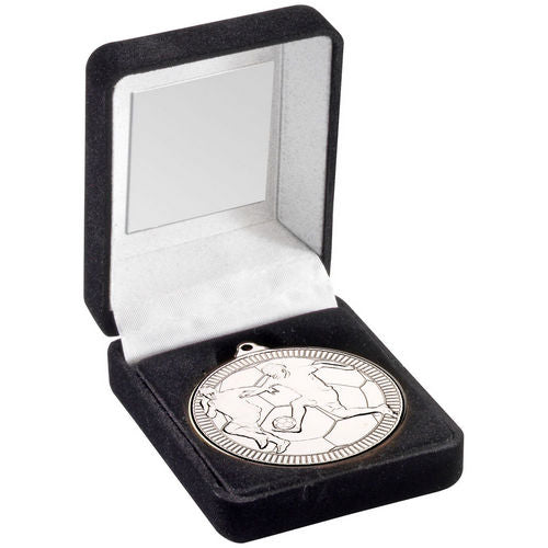 Black Velvet Box And 50mm Medal Football - Silver by Legacy Outfitters