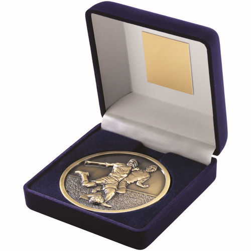 Blue Velvet Box And 70mm Medallion Football - Antique Gold by Legacy Outfitters