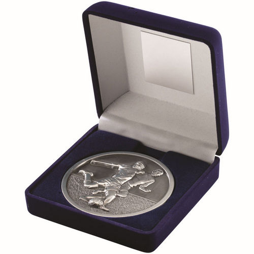 Blue Velvet Box And 70mm Medallion Football - Antique Silver by Legacy Outfitters