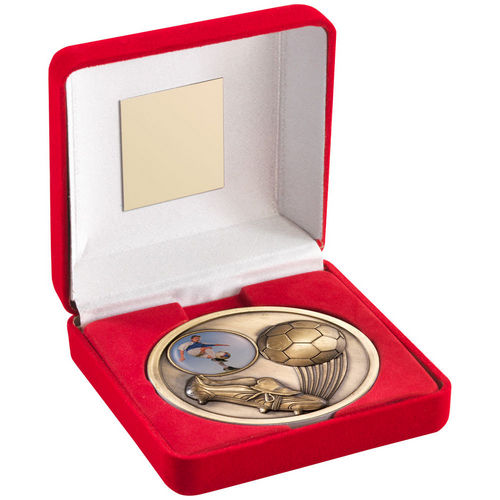 Red Velvet Box And 70mm Medallion Football (1" Cen) - Antique Gold by Legacy Outfitters