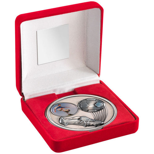 Red Velvet Box And 70mm Medallion Football (1" Cen) - Antique Silver by Legacy Outfitters