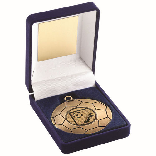 Blue Velvet Box And 50mm Football Medal (1in Cen) - Antique Gold by Legacy Outfitters
