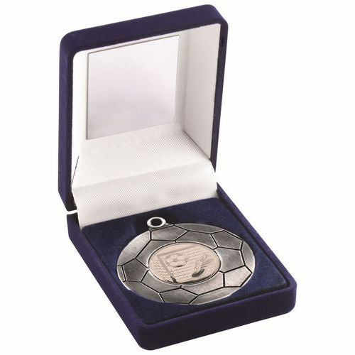 Blue Velvet Box And 50mm Football Medal (1in Cen) - Antique Silver by Legacy Outfitters