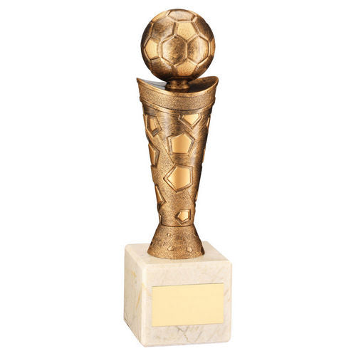 Bronze/Gold Plastic Football Figure On Cream Marble Trophy - (1in Cen) - 229mm by Legacy Outfitters