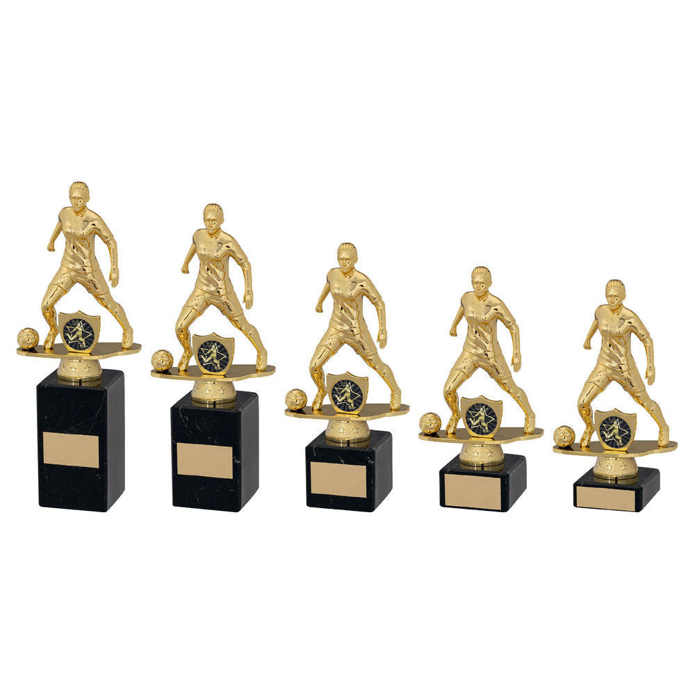 Gold/Blk Plastic Female Football Figure On Blk Marble Trophy (1in Cen) by Legacy Outfitters