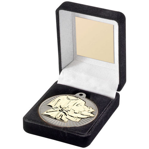 Black Velvet Box And 50mm Martial Arts Medal - Matt Silver/Gold by Legacy Outfitters