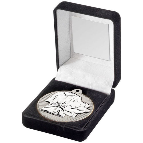 Black Velvet Box And 50mm Martial Arts Medal - Matt Silver/Silver by Legacy Outfitters