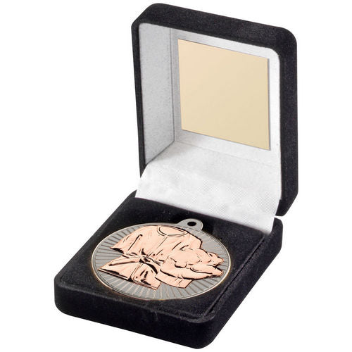 Black Velvet Box And 50mm Martial Arts Medal - Matt Silver/Bronze by Legacy Outfitters