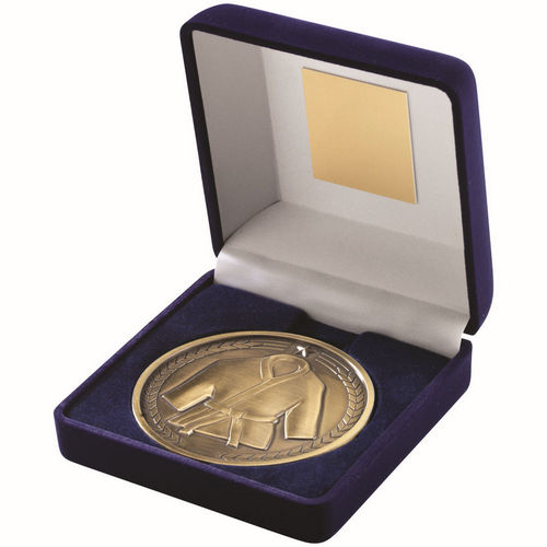 Blue Velvet Box And 70mm Medallion Martial Arts - Antique Gold by Legacy Outfitters