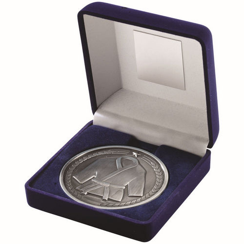 Blue Velvet Box And 70mm Medallion Martial Arts - Antique Silver by Legacy Outfitters